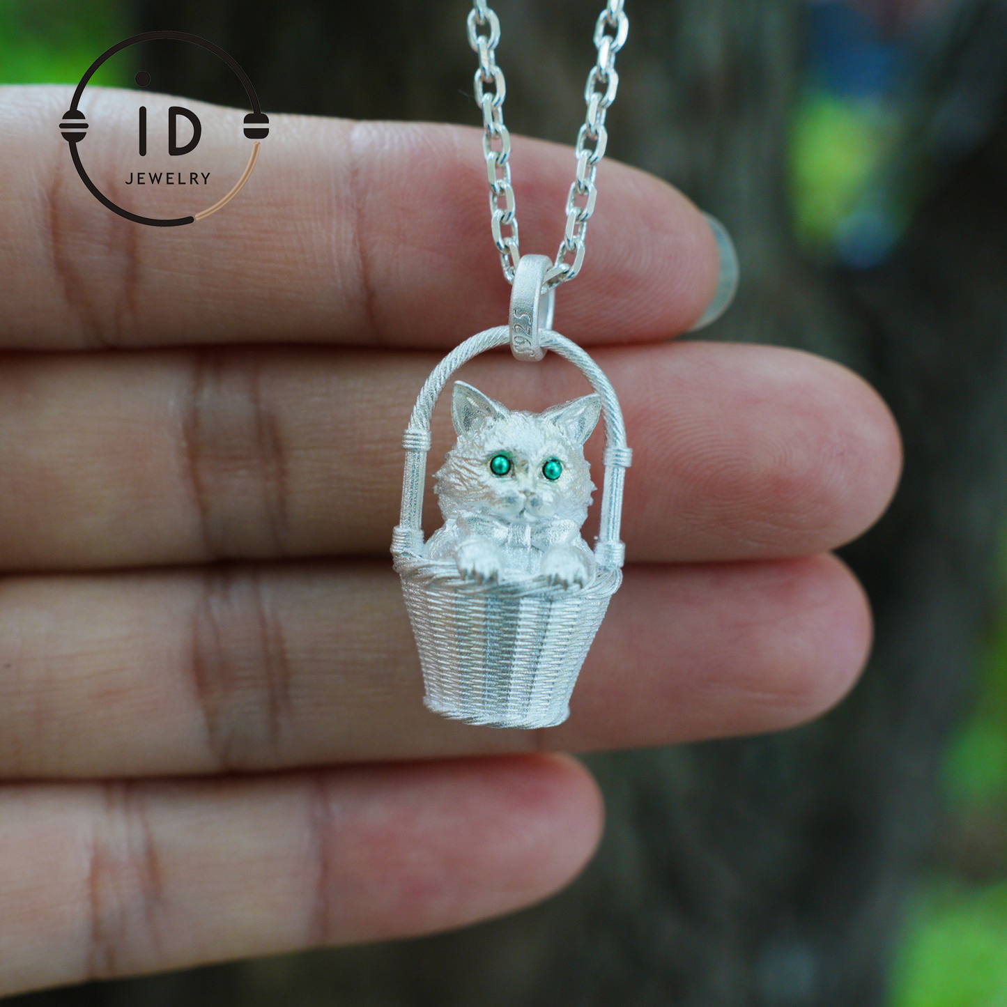 Handcrafted 925 Silver Kitten Pendant Necklace | Green-Eyed Cat Guardian | Lucky & Comfort Talisman Jewelry | Gift for Cat Lovers