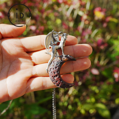 Hand-Carved 925 Silver Succubus Pendant | Blood Moon & Bloodstone Crescent | Winged Demon Gothic Protection Talisman | Perfect Gothic Gift