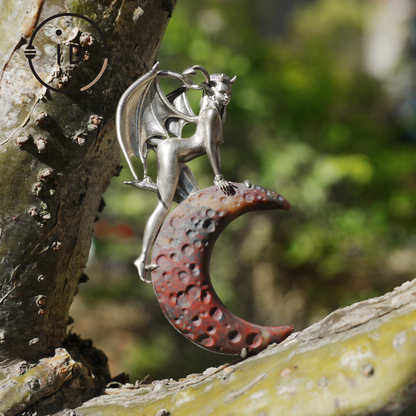 Hand-Carved 925 Silver Succubus Pendant | Blood Moon & Bloodstone Crescent | Winged Demon Gothic Protection Talisman | Perfect Gothic Gift