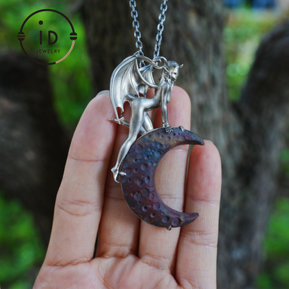 Hand-Carved 925 Silver Succubus Pendant | Blood Moon & Bloodstone Crescent | Winged Demon Gothic Protection Talisman | Perfect Gothic Gift