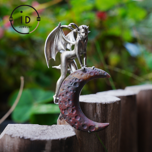 Hand-Carved 925 Silver Succubus Pendant | Blood Moon & Bloodstone Crescent | Winged Demon Gothic Protection Talisman | Perfect Gothic Gift