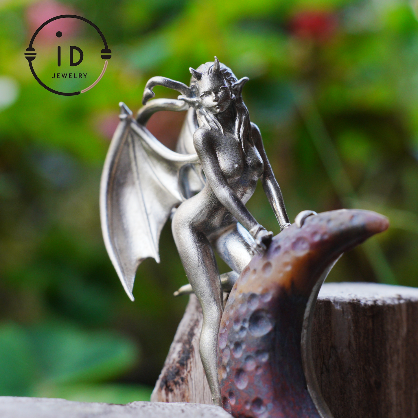 Hand-Carved 925 Silver Succubus Pendant | Blood Moon & Bloodstone Crescent | Winged Demon Gothic Protection Talisman | Perfect Gothic Gift