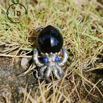 Gothic pendant with black obsidian and lapis lazuli made of 925 silver in totem style for women gift birthday necklace