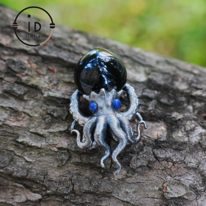Gothic pendant with black obsidian and lapis lazuli made of 925 silver in totem style for women gift birthday necklace
