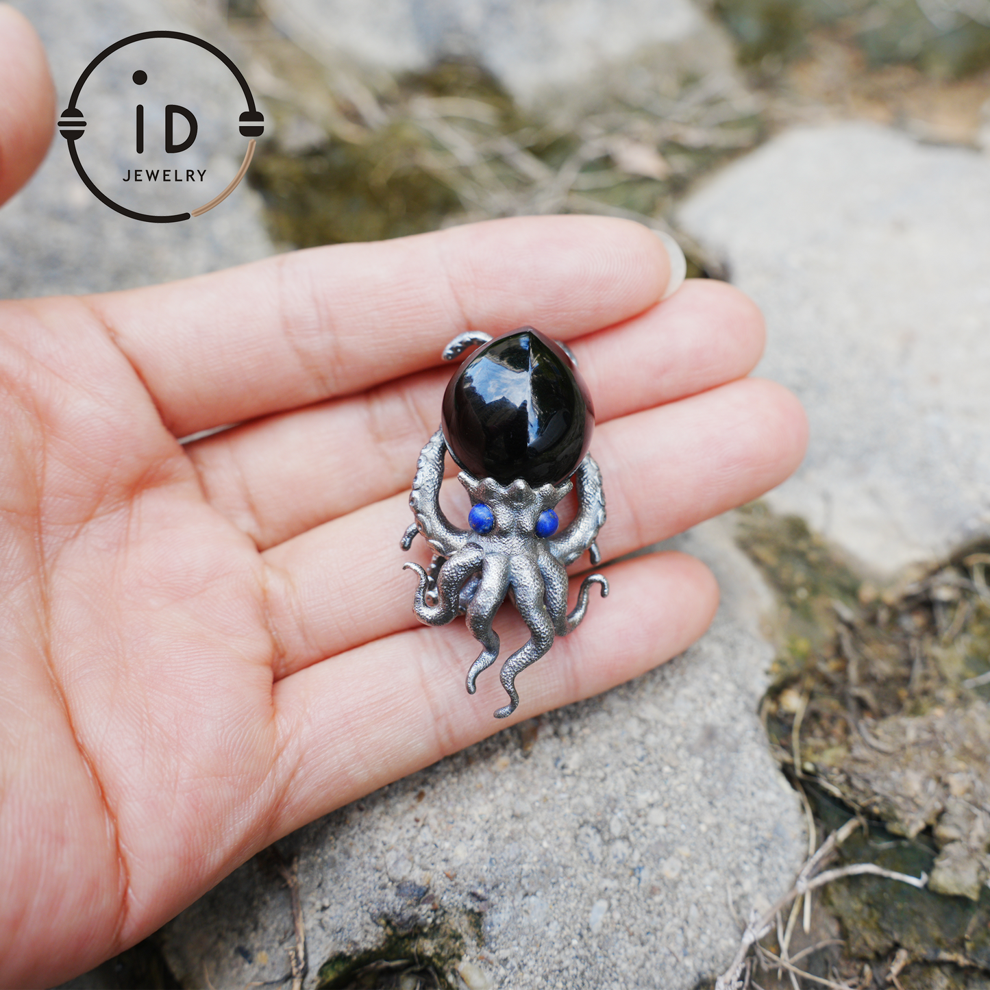 Gothic pendant with black obsidian and lapis lazuli made of 925 silver in totem style for women gift birthday necklace