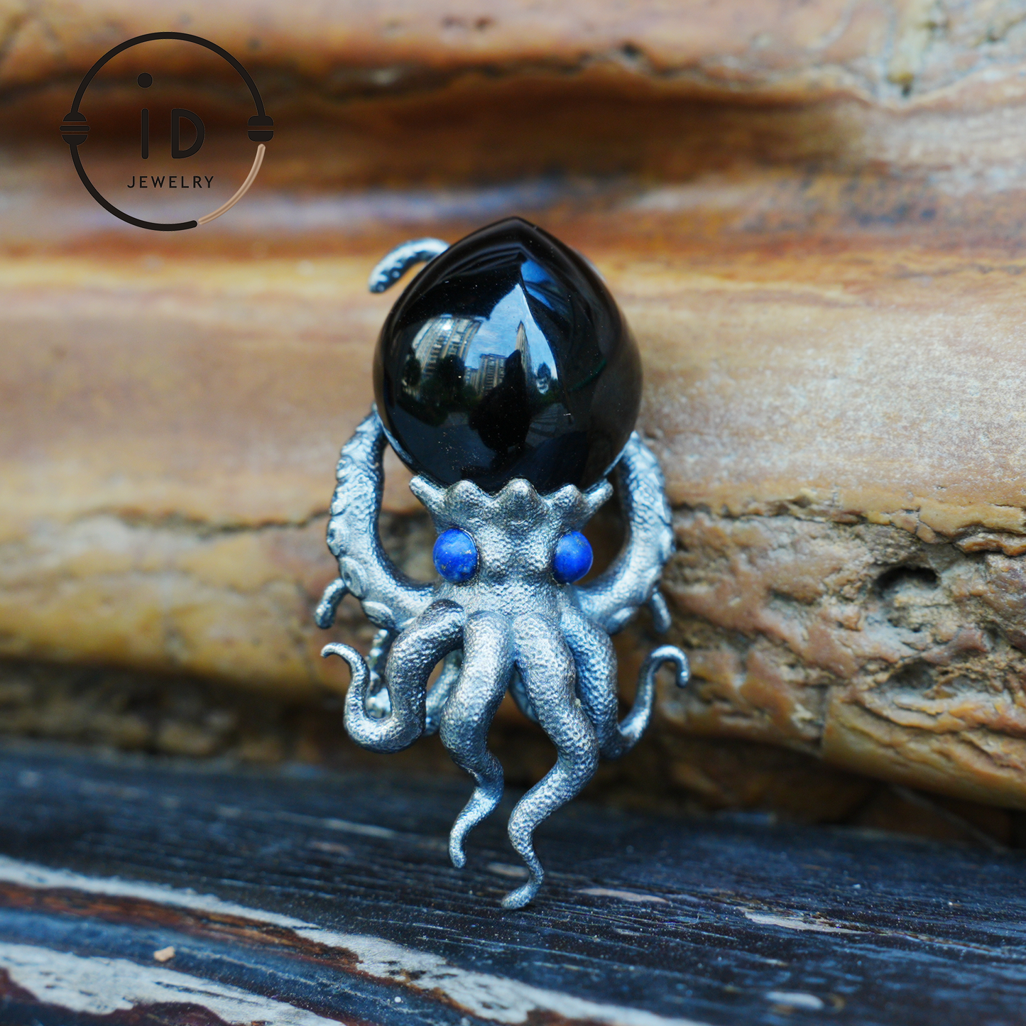 Gothic pendant with black obsidian and lapis lazuli made of 925 silver in totem style for women gift birthday necklace