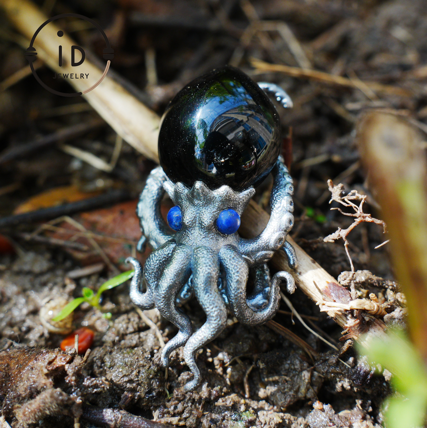 Gothic pendant with black obsidian and lapis lazuli made of 925 silver in totem style for women gift birthday necklace