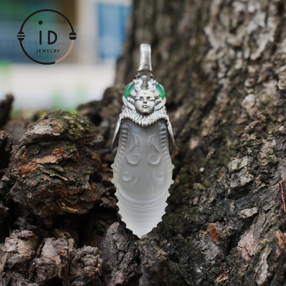 Carved Rock Crystal Pendant in 925 Silver with Green Chalcedony in Gothic Totem Style, Gift for Her or Spiritual Jewelry Lovers