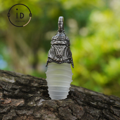 Carved Rock Crystal Pendant in 925 Silver with Green Chalcedony in Gothic Totem Style, Gift for Her or Spiritual Jewelry Lovers