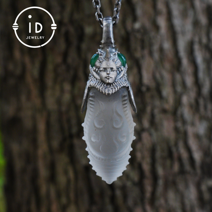 Carved Rock Crystal Pendant in 925 Silver with Green Chalcedony in Gothic Totem Style, Gift for Her or Spiritual Jewelry Lovers