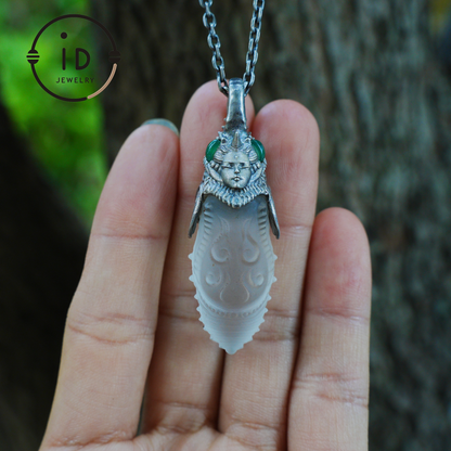 Carved Rock Crystal Pendant in 925 Silver with Green Chalcedony in Gothic Totem Style, Gift for Her or Spiritual Jewelry Lovers
