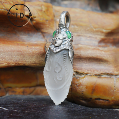 Carved Rock Crystal Pendant in 925 Silver with Green Chalcedony in Gothic Totem Style, Gift for Her or Spiritual Jewelry Lovers