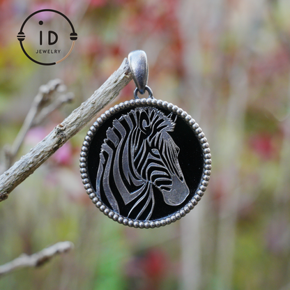 Wildlife Zebra Totem Necklace | 925 Sterling Silver Handcrafted Relief Medallion | Black-White Minimal Unisex Pendant | Double-Sided Design