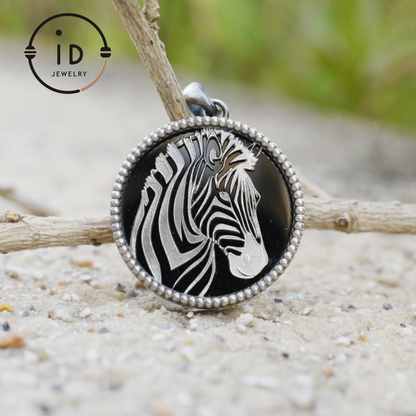 Wildlife Zebra Totem Necklace | 925 Sterling Silver Handcrafted Relief Medallion | Black-White Minimal Unisex Pendant | Double-Sided Design
