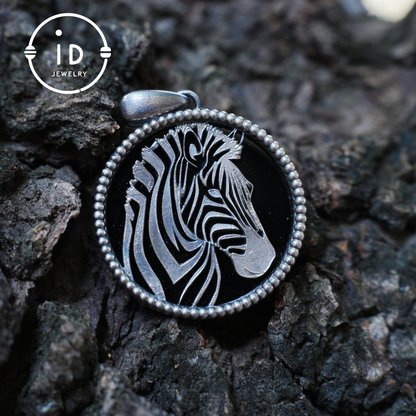 Wildlife Zebra Totem Necklace | 925 Sterling Silver Handcrafted Relief Medallion | Black-White Minimal Unisex Pendant | Double-Sided Design