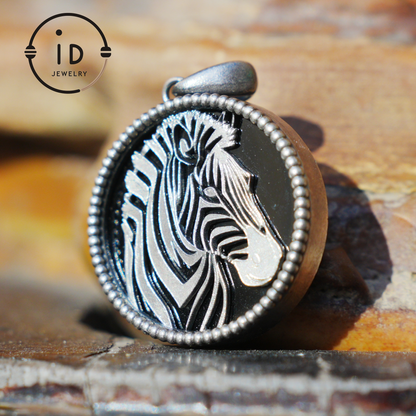 Wildlife Zebra Totem Necklace | 925 Sterling Silver Handcrafted Relief Medallion | Black-White Minimal Unisex Pendant | Double-Sided Design