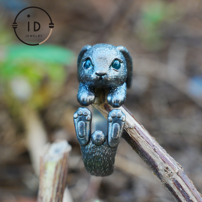 Handcrafted Rabbit Ring with Green Zircon, Spring Awakening Symbol, Unique Silver Jewelry