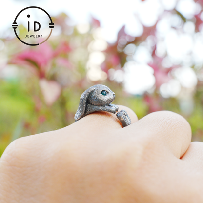 Handcrafted Rabbit Ring with Green Zircon, Spring Awakening Symbol, Unique Silver Jewelry