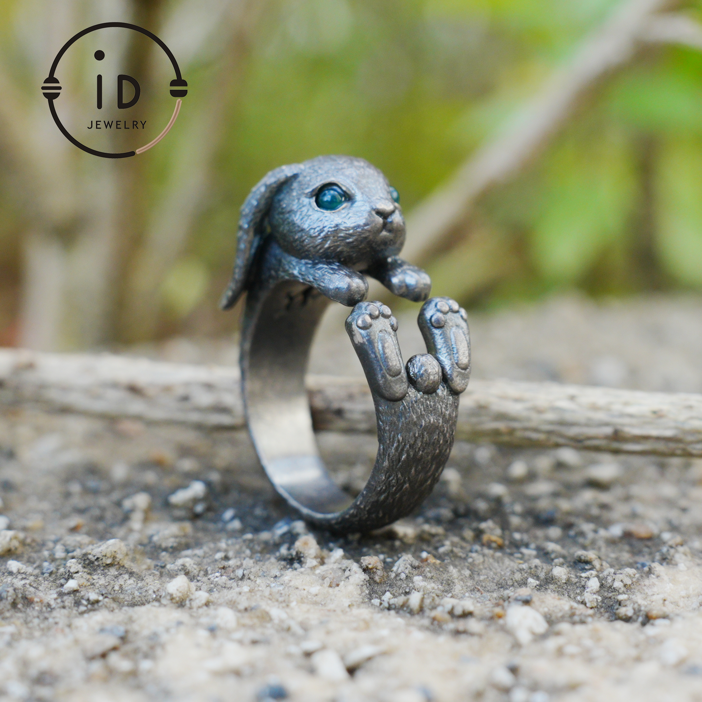 Handcrafted Rabbit Ring with Green Zircon, Spring Awakening Symbol, Unique Silver Jewelry
