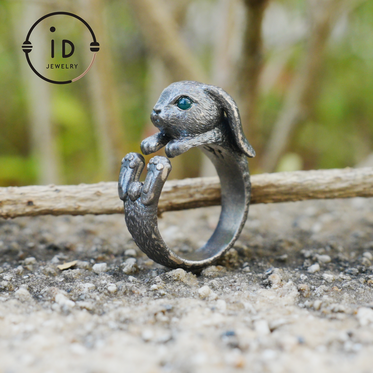 Handcrafted Rabbit Ring with Green Zircon, Spring Awakening Symbol, Unique Silver Jewelry
