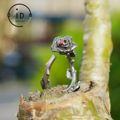 Rose Ring with Blood Red Stone, Gothic Vow Jewelry, Handmade Fantasy Amulet of Thorns and Oath, Symbolic Rose Design