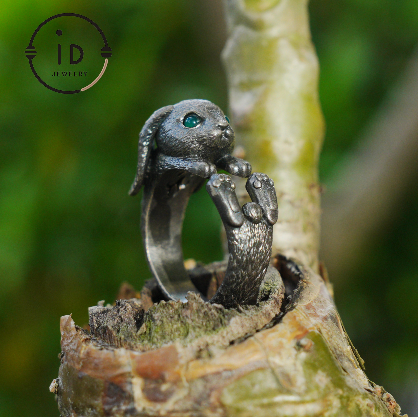 Handcrafted Rabbit Ring with Green Zircon, Spring Awakening Symbol, Unique Silver Jewelry