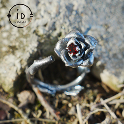 Rose Ring with Blood Red Stone, Gothic Vow Jewelry, Handmade Fantasy Amulet of Thorns and Oath, Symbolic Rose Design