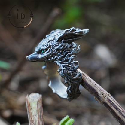 Fox Totem Ring with Green Zircon Eyes, Forest Guardian Amulet, Handmade Animal Jewelry, Mythic Protection Symbol