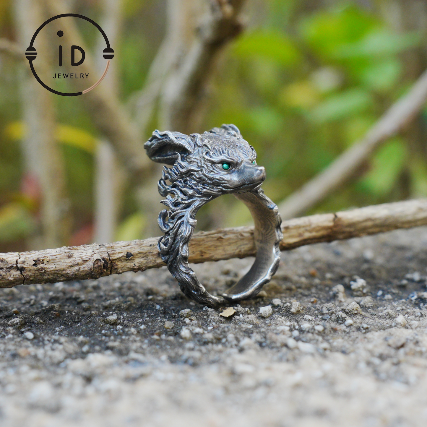 Fox Totem Ring with Green Zircon Eyes, Forest Guardian Amulet, Handmade Animal Jewelry, Mythic Protection Symbol