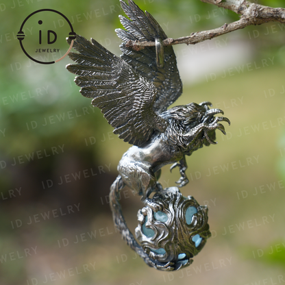 Winged Lion Pendant - Handcrafted 925 Sterling Silver Jewelry with Aquamarine - Symbol of Wisdom & Spiritual Protection - Gift for Her