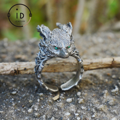 Fox Totem Ring with Green Zircon Eyes, Forest Guardian Amulet, Handmade Animal Jewelry, Mythic Protection Symbol