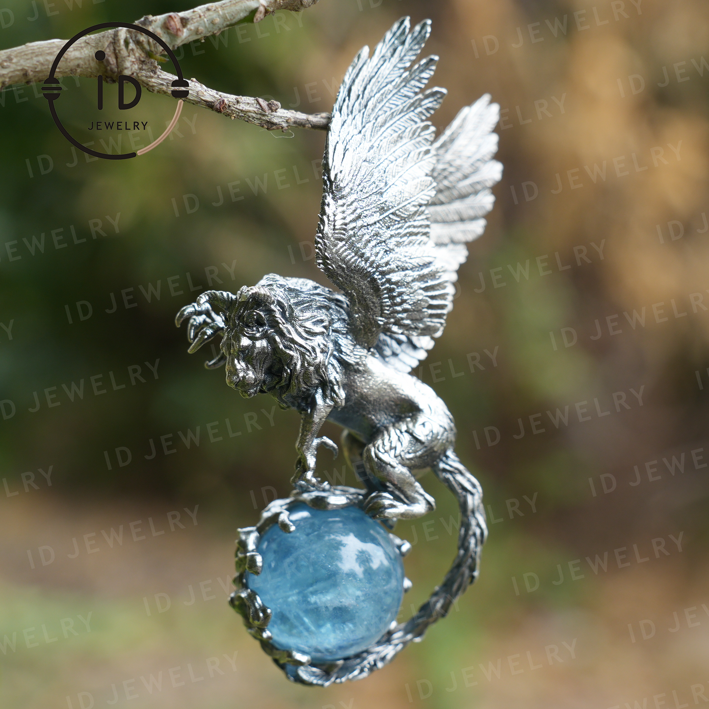Winged Lion Pendant - Handcrafted 925 Sterling Silver Jewelry with Aquamarine - Symbol of Wisdom & Spiritual Protection - Gift for Her