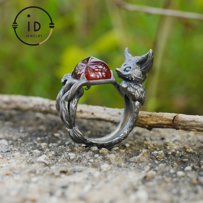 Fox Ring Garnet Protection Talisman | Fantasy Animal Jewelry | Handmade Nature Spirit Ring | Woodland Amulet for Inner Desire