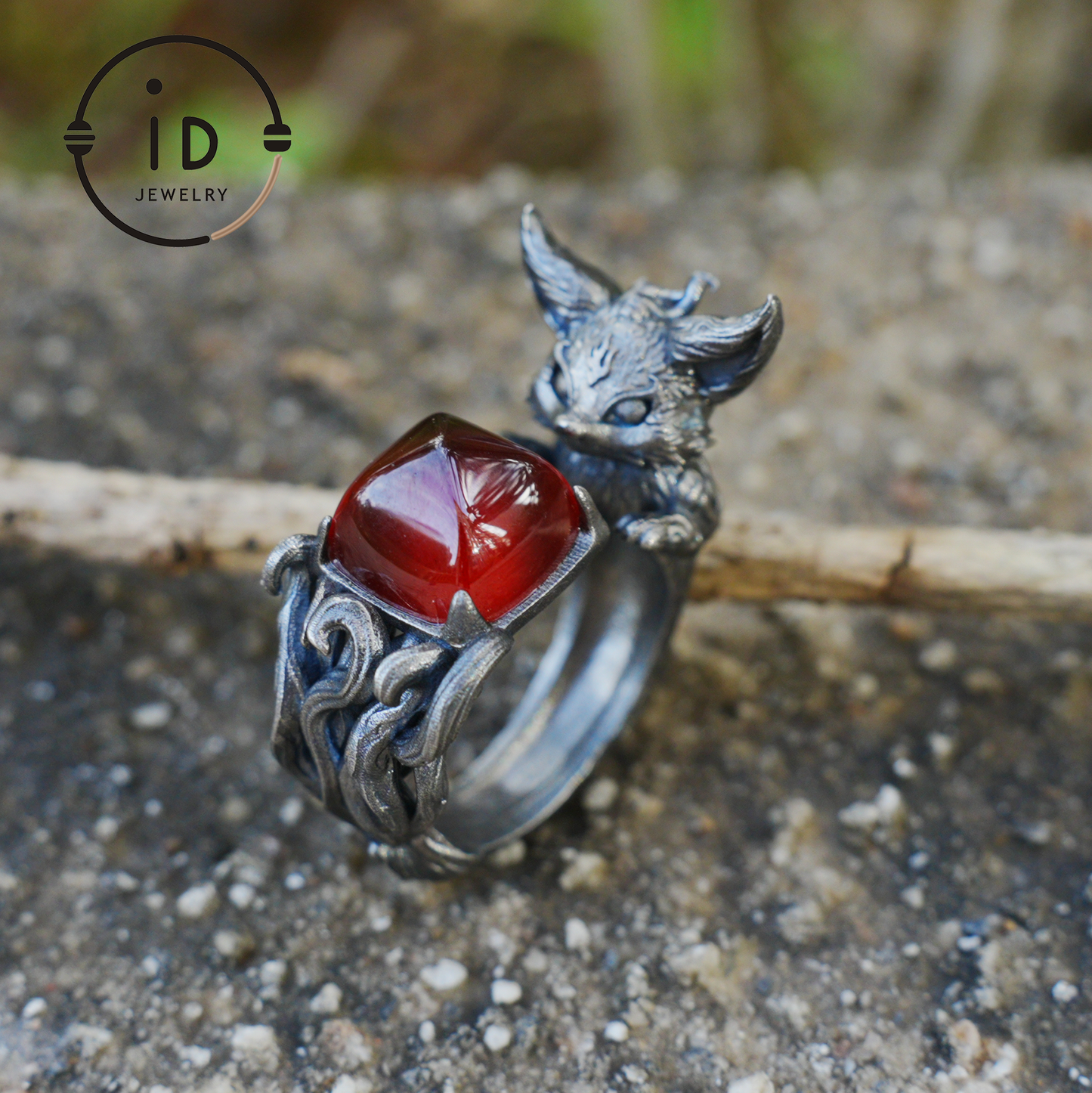 Fox Ring Garnet Protection Talisman | Fantasy Animal Jewelry | Handmade Nature Spirit Ring | Woodland Amulet for Inner Desire