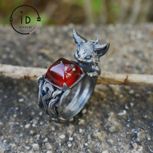 Fox Ring Garnet Protection Talisman | Fantasy Animal Jewelry | Handmade Nature Spirit Ring | Woodland Amulet for Inner Desire