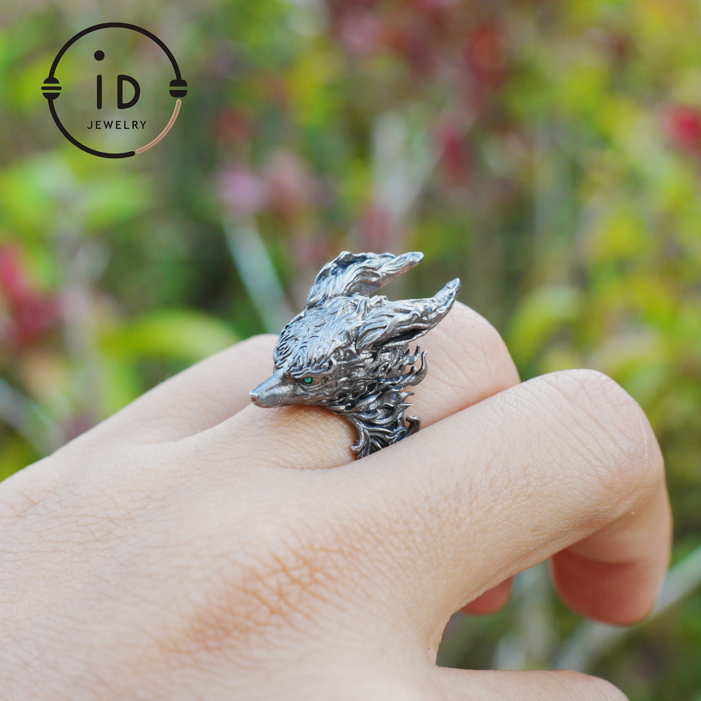 Fox Totem Ring with Green Zircon Eyes, Forest Guardian Amulet, Handmade Animal Jewelry, Mythic Protection Symbol