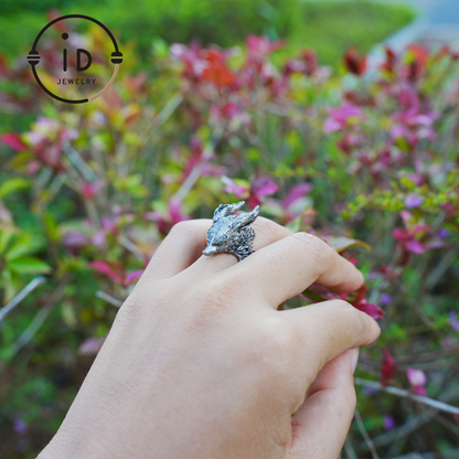 Fox Totem Ring with Green Zircon Eyes, Forest Guardian Amulet, Handmade Animal Jewelry, Mythic Protection Symbol