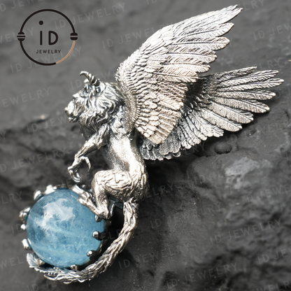 Winged Lion Pendant - Handcrafted 925 Sterling Silver Jewelry with Aquamarine - Symbol of Wisdom & Spiritual Protection - Gift for Her