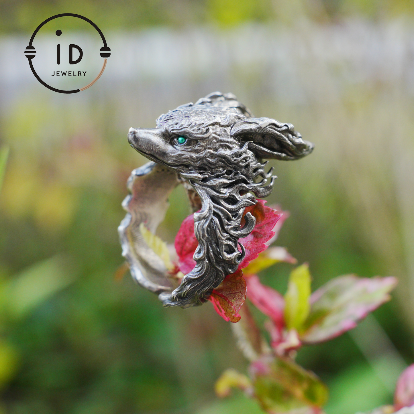 Fox Totem Ring with Green Zircon Eyes, Forest Guardian Amulet, Handmade Animal Jewelry, Mythic Protection Symbol