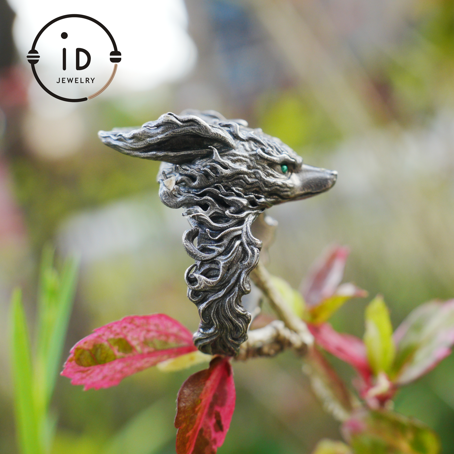 Fox Totem Ring with Green Zircon Eyes, Forest Guardian Amulet, Handmade Animal Jewelry, Mythic Protection Symbol