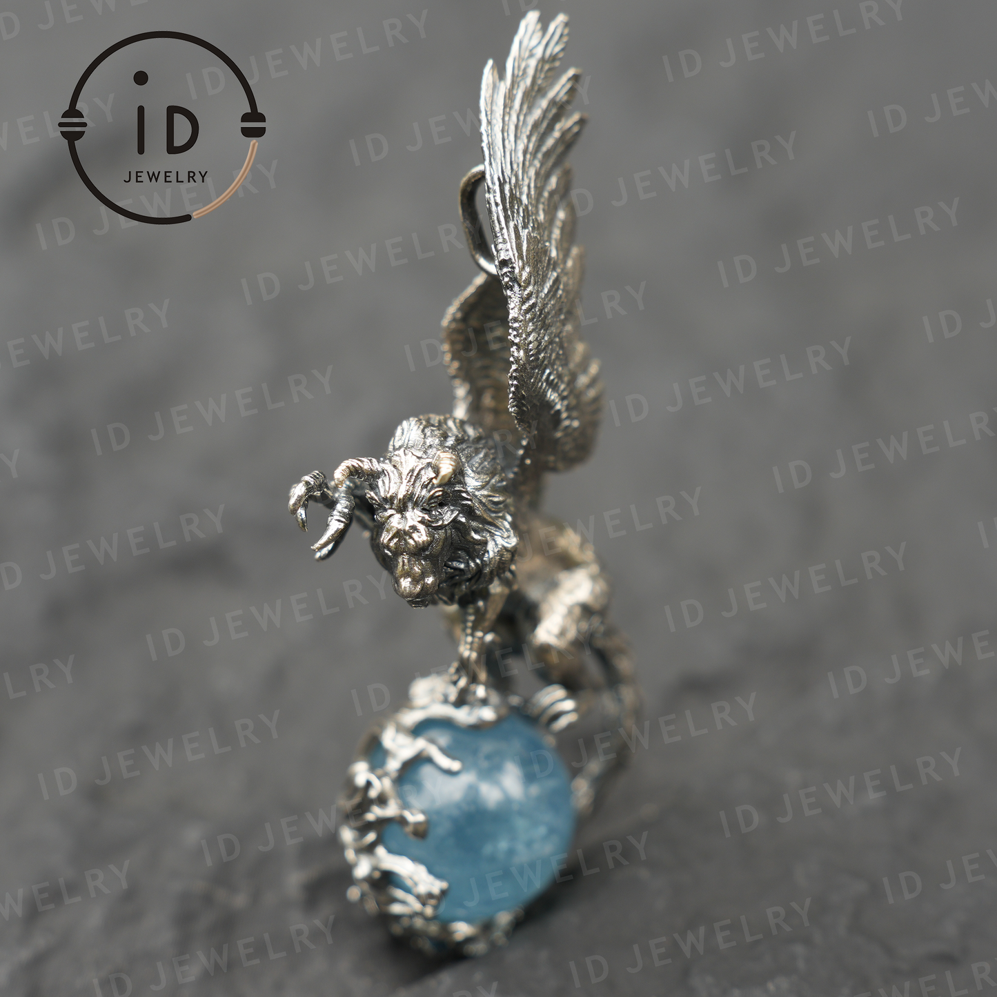 Winged Lion Pendant - Handcrafted 925 Sterling Silver Jewelry with Aquamarine - Symbol of Wisdom & Spiritual Protection - Gift for Her