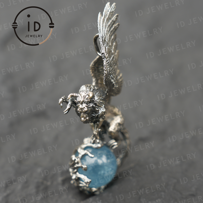 Winged Lion Pendant - Handcrafted 925 Sterling Silver Jewelry with Aquamarine - Symbol of Wisdom & Spiritual Protection - Gift for Her