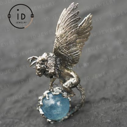 Winged Lion Pendant - Handcrafted 925 Sterling Silver Jewelry with Aquamarine - Symbol of Wisdom & Spiritual Protection - Gift for Her