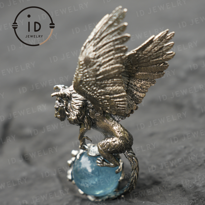 Winged Lion Pendant - Handcrafted 925 Sterling Silver Jewelry with Aquamarine - Symbol of Wisdom & Spiritual Protection - Gift for Her