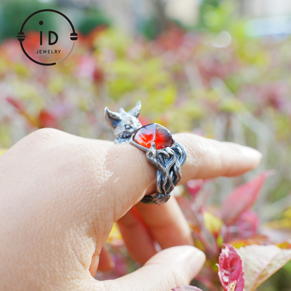 Fox Ring Garnet Protection Talisman | Fantasy Animal Jewelry | Handmade Nature Spirit Ring | Woodland Amulet for Inner Desire