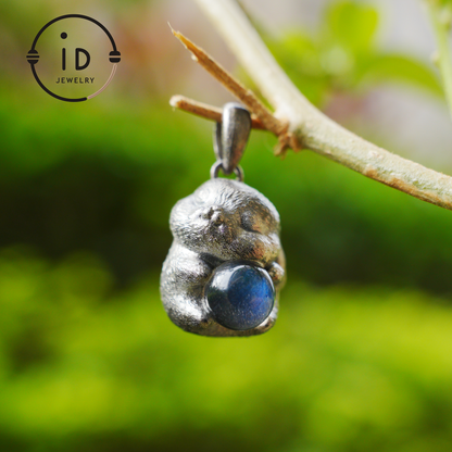 Moon Rabbit Necklace in Sterling Silver – Blue Labradorite Wishing Pendant – Spiritual Animal Totem Jewelry – Cute Bunny Charm for Inner Peace