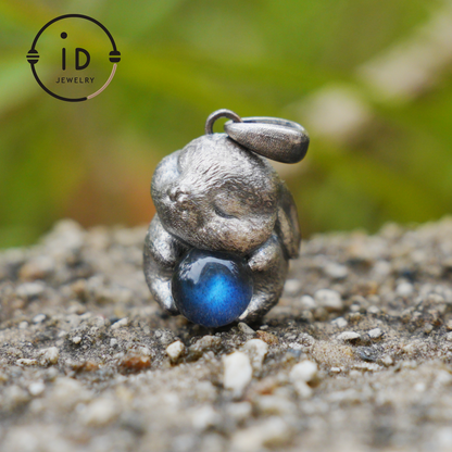 Moon Rabbit Necklace in Sterling Silver – Blue Labradorite Wishing Pendant – Spiritual Animal Totem Jewelry – Cute Bunny Charm for Inner Peace