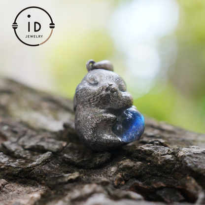 Moon Rabbit Necklace in Sterling Silver – Blue Labradorite Wishing Pendant – Spiritual Animal Totem Jewelry – Cute Bunny Charm for Inner Peace