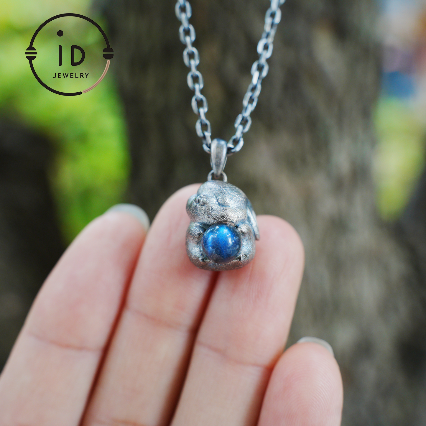 Moon Rabbit Necklace in Sterling Silver – Blue Labradorite Wishing Pendant – Spiritual Animal Totem Jewelry – Cute Bunny Charm for Inner Peace