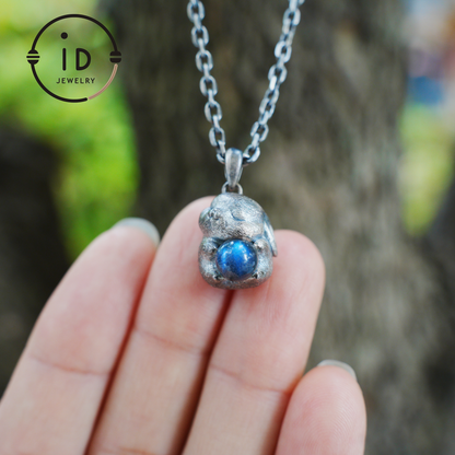 Moon Rabbit Necklace in Sterling Silver – Blue Labradorite Wishing Pendant – Spiritual Animal Totem Jewelry – Cute Bunny Charm for Inner Peace
